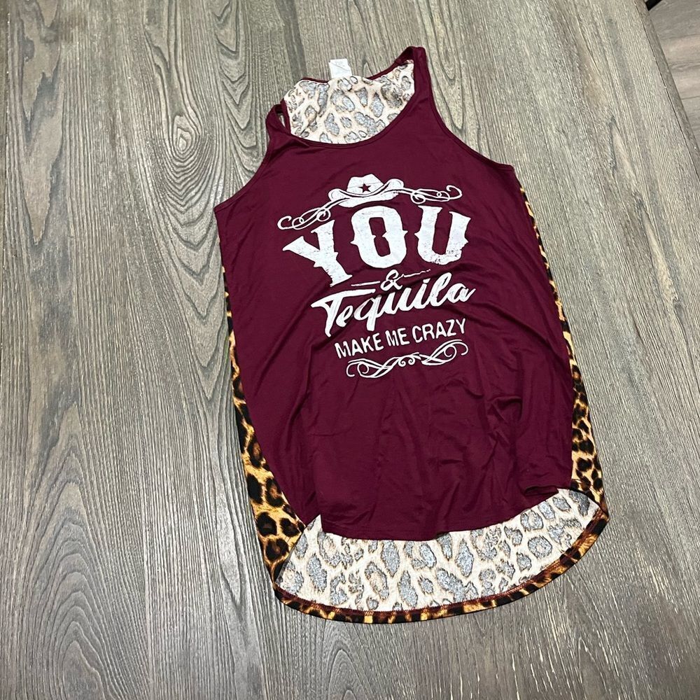 Color Bear Tank Top Leopard You & Tequila Make Me Crazy Racerback Purple Brown L